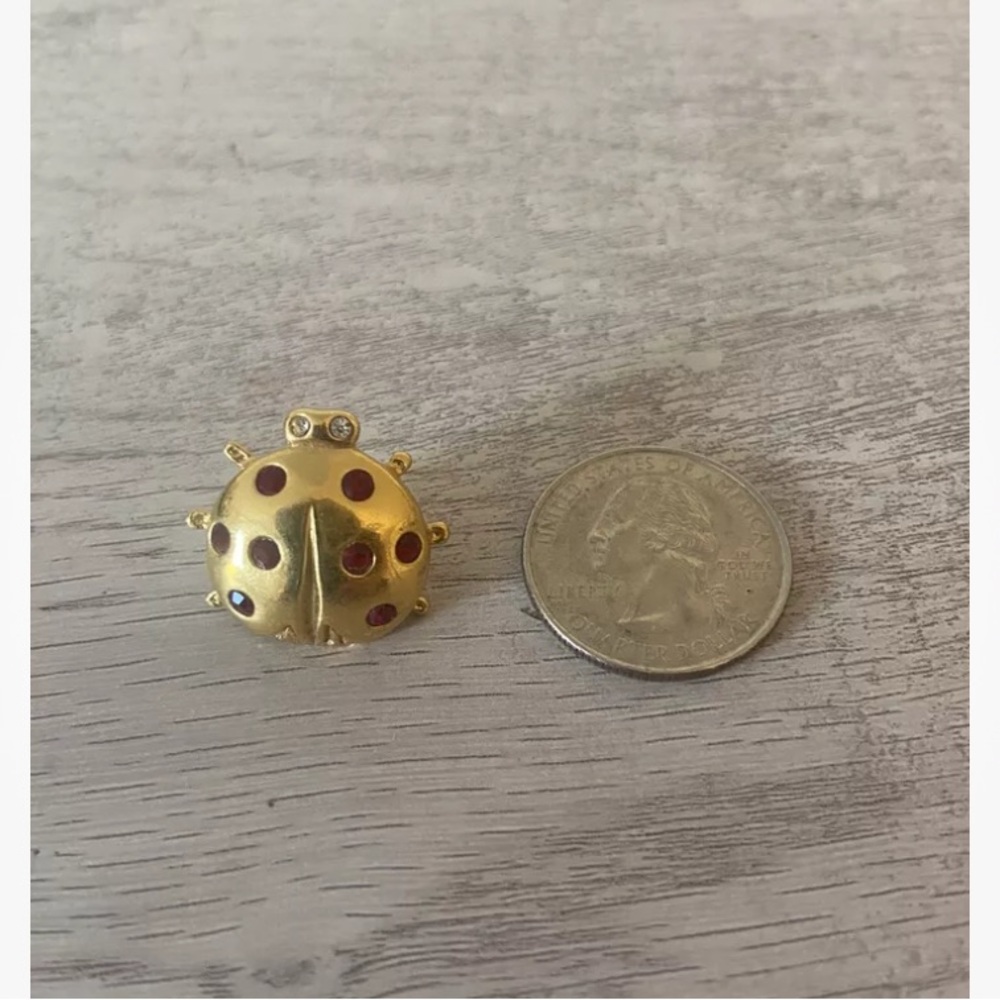 Vintage Avon Ladybug Pin Red & White Rhinestone Inlay Gold Tone